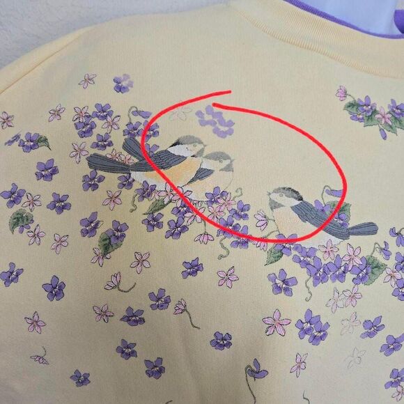 Vintage 90s Floral birds botanical Pullover Sweater Pale yellow size large - Picture 2 of 12